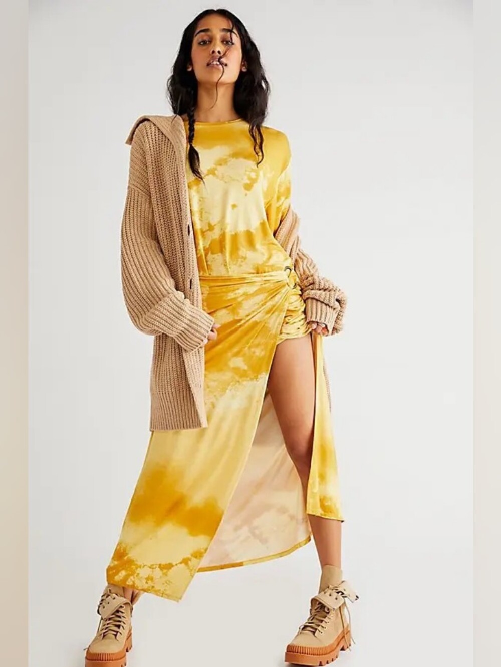 Free People Yellow Tie-Dye Satin Maxi Dress with Side Ruched Slit